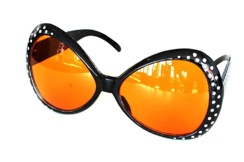 Hippie bril met steentjes, zwart met oranje glazen-3148