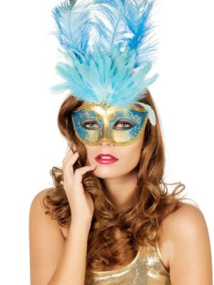 Venetiaans masker grote veer, aqua-0