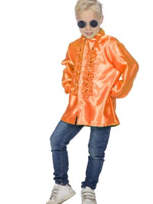 Rouchesblouse satijn, neon oranje, kind-0