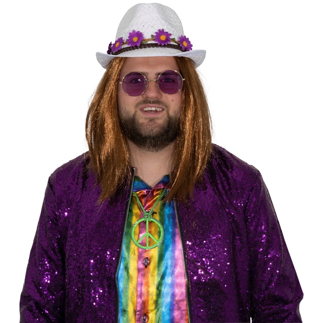 Tribly hoedje, wit met leren bandje en hippie bloemetjes-18644