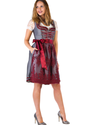 Dirndl, oudzilver/wijnrood. 2 delig