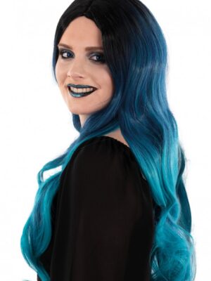 Pruik Selena lang haar met krullen zwart/petrol blauw