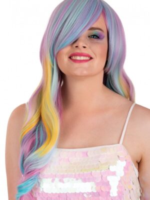 Pruik Selena lang haar met krullen pastel, regenboog met schuine pony