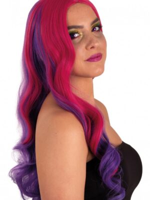 Pruik Selena lang haar met krullen pink naar paars