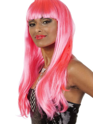 Lange pony pruik, neon-pink